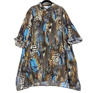 NEW Avenue Animal Feather Print Sheer Button Up Roll Tab Tunic Blouse Sz 18 / 20